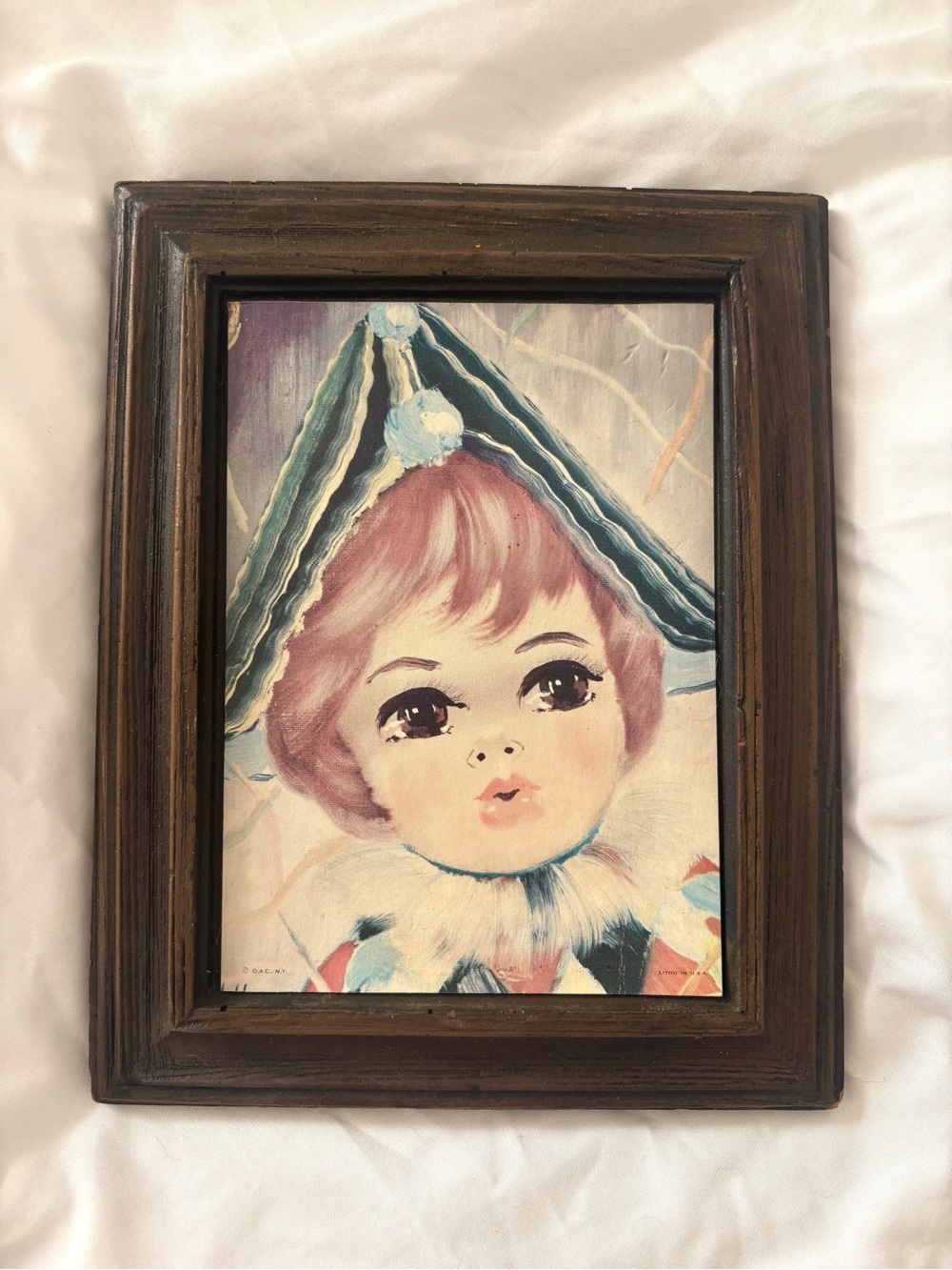 Vintage 60s big eye artwork lithograph print framed harlequin clown cute Nico